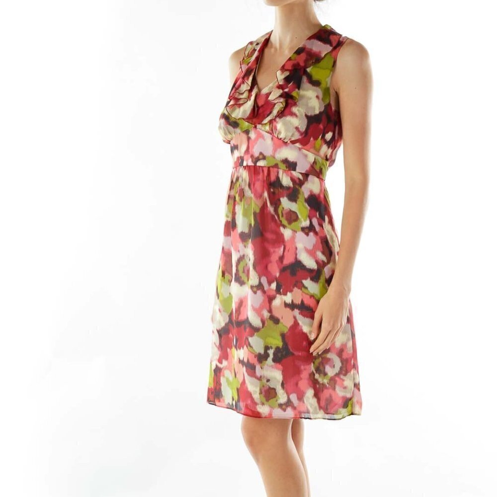 LOFT Red Green Ruffle Belted Dress - Picture 2 of 3